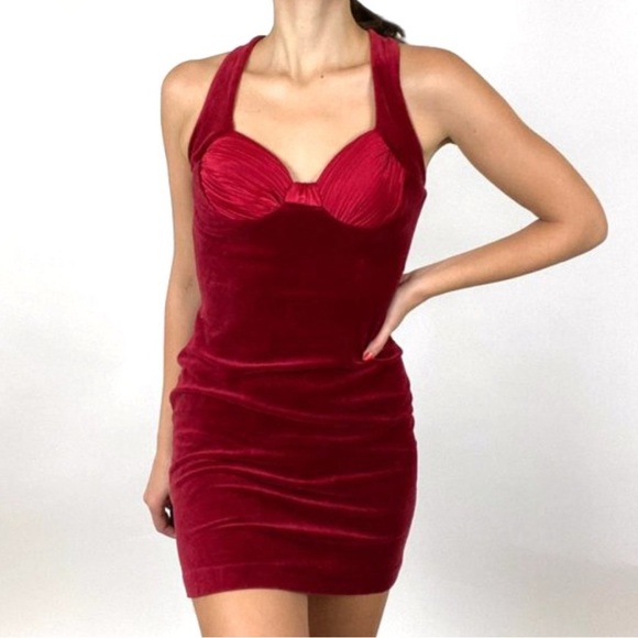 Vintage 90s Karen Okada Red Velvet Bustier Mini Dress - Picture 3 of 9